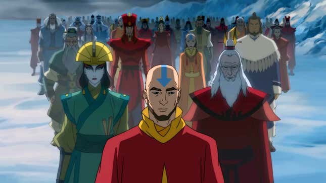 Aang stands on a snowy tundra with the previous generation of avatars. 