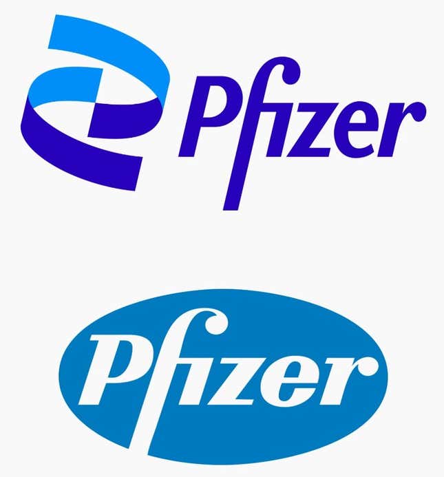 Pfizer's new logo shown on top, old logo below.