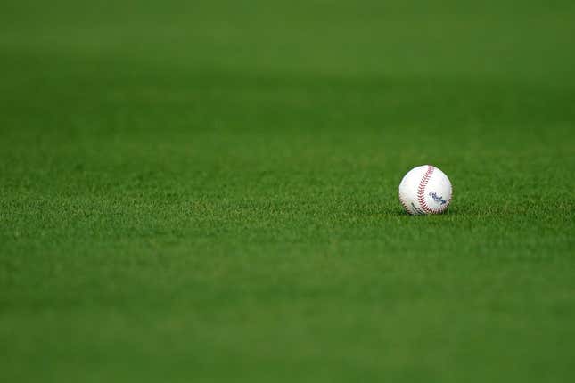 Feb 22, 2021; West Palm Beach, Florida, USA; A general view of a baseball in the grass during Houston Astros spring training workouts at The Ballpark of the Palm Beaches.