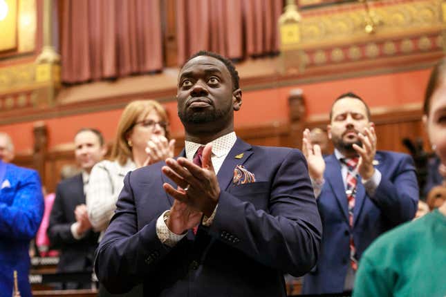 State Rep. Quentin Williams, D-Middletown, applauds during Connecticut Gov. Ned Lamont’s state of the state address, Wednesday, Jan. 4, 2023, in Hartford, Conn. 
