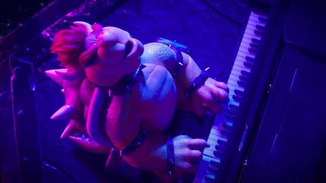 Man sieht Bowser, wie er Klavier spielt und sich darauf einlässt.