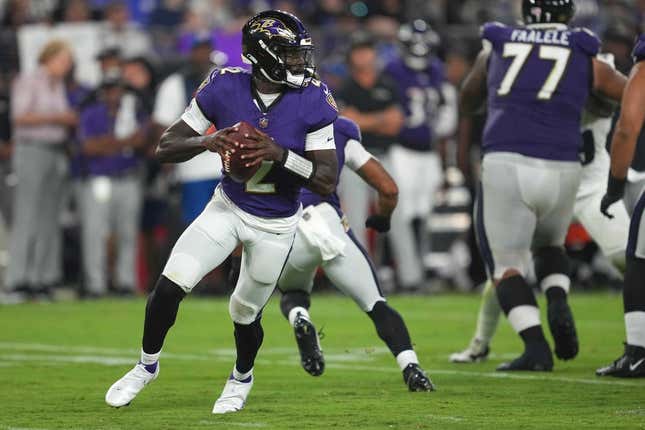 Aug 12, 2023; Baltimore, Maryland, USA; Baltimore Ravens quarterback Tyler Huntley (2) rolls out to pass in the third quarter against the Philadelphia Eagles at M&amp;amp;T Bank Stadium.