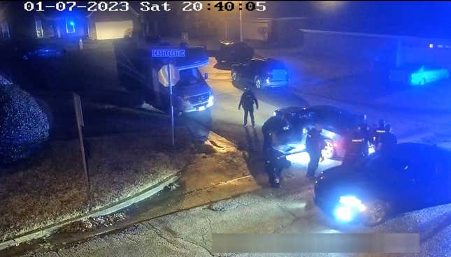 In this image from video released and partially redacted by the city of Memphis, Tenn., on Jan. 27, 2023, Tyre Nichols leans against a car after a brutal attack by five Memphis Police officers on Jan. 7, in Memphis.