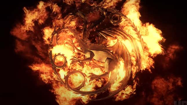 The Targaryen family crest of a three-headed dragon looms before a jet of fire.