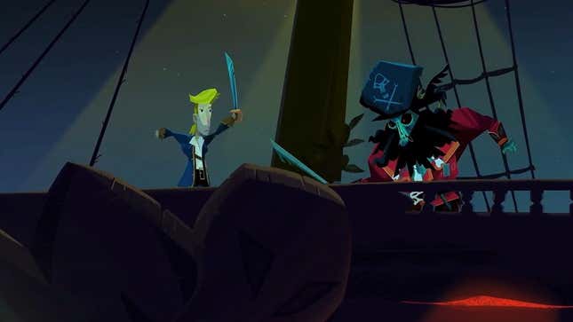 Guybrush Threepwood raises his sword toward an undead pirate.