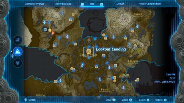 The Tears of the Kingdom map shows the location of Lookout Landing.