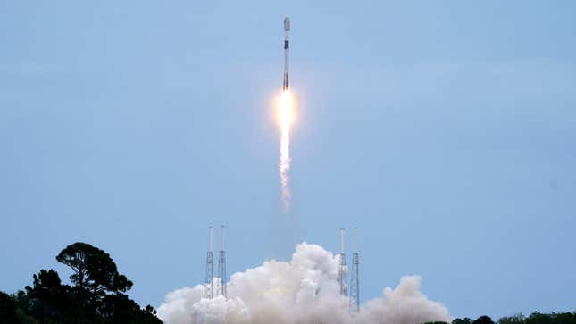 A SpaceX Falcon 9 rocket with a batch of 53 Starlink internet satellites lifts off from space launch complex 40 at the Cape Canaveral Space Force Station in Cape Canaveral, Fla., Thursday, April 21, 2022.