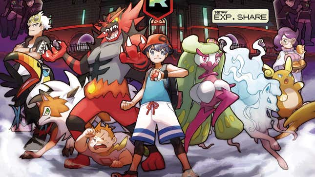 The cast of Pokémon Ultra Sun and Ultra Moon are seen standing in front of Team Rainbow Rocket's base.
