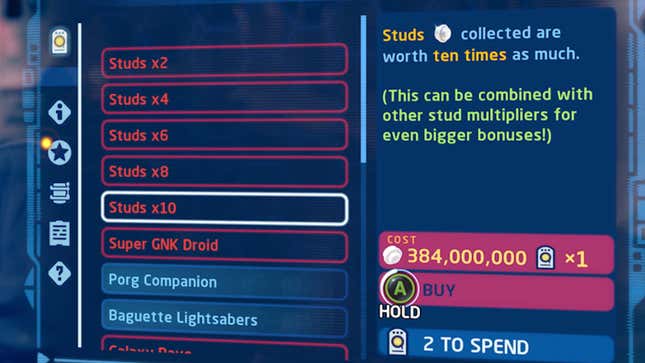 A screenshot of all the stud multipliers found in the game.