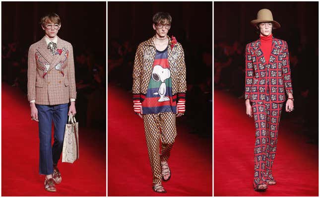 Models wear creations for for Gucci men's Fall-Winter 2016-2017 collection, part of the Milan Fashion Week, unveiled in Milan, Italy, Monday, Jan. 18, 2016.