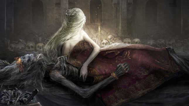 A glowing woman holds a crowned corpse.