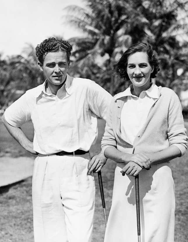 Robert Sweeny Is shown with Miss Grace Amory, step-daughter of Herbert Pulitzer, of New York, on Feb. 14, 1940 at the Everglade Golf Club, Palm Beach, Fla., where they have been paired in the fifth annual mixed two-ball foursome. Watson guest bid $1,125 for the Sweeny Amory team in the auction pool and Bobby exercised his players' option and bought half of the guest's interest. The team turned in the lowest score to qualify on the first day of competition. (AP Photo)