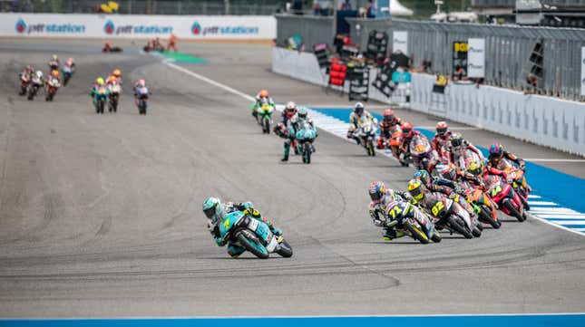 The most recent Moto3 in Thailand. Notice the marshals responding to the crash at the top of the photo.