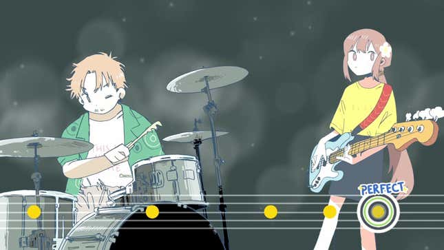 Two anime-style teens rocks out on guitar and drums in Afterlove EP.