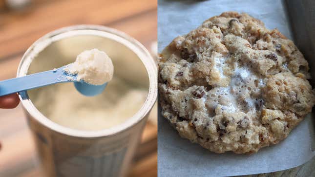 Left: scoop of dry milk powder; right: cornflake marshmallow cookie