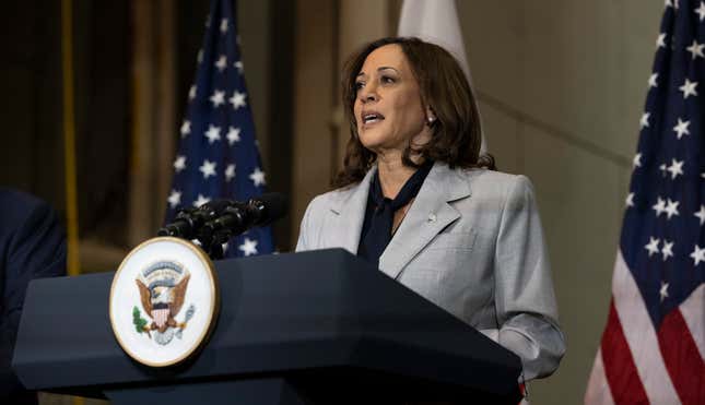 GREENBELT, MARYLAND - APRIL 25: In this handout image provided by NASA, Vice President Kamala Harris delivers remarks during a tour of NASA’s Goddard Space Flight Center with President Yoon Suk Yeol of the Republic of Korea, on April 25, 2023