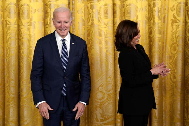 US President Joe Biden, left, and Vice President Kamala Harris during a reception celebrating Black History Month in the East Room of the White House in Washington, DC, US, on Monday, Feb. 27, 2023
