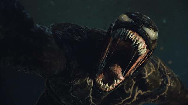 Venom 2's symbiote comes at the camera with many, many pointy bared teeth.