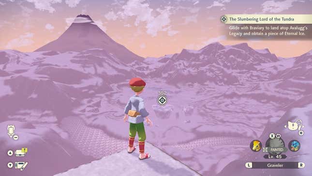 An Arceus trainer looks out at a low-res frozen tundra.