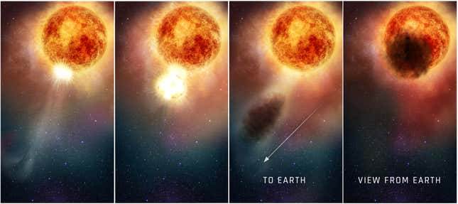 Una ilustración que muestra cómo una eyección de material provocó que los granos de polvo obstruyeran la vista de Betelgeuse por parte de los terrícolas.