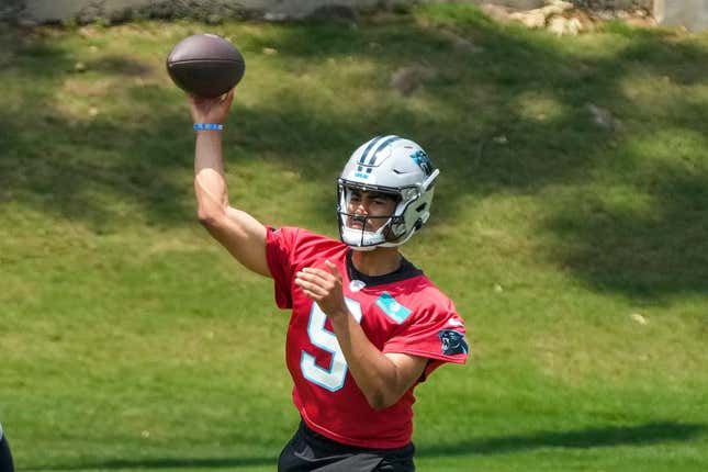 May 12, 2023; Charlotte, NC, USA; Carolina Panthers quarterback Bryce Young (9) throws during the Carolina Panthers rookie camp at the Atrium Practice Facility in Charlotte, NC.Mandatory Credit: Jim Dedmon-USA TODAY Sports