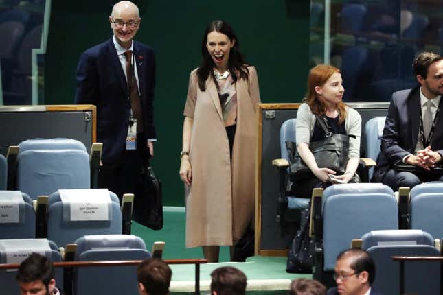 Ardern reacts as she sees her baby Neve at the Nelson Mandela Peace Summit on Sept. 24.