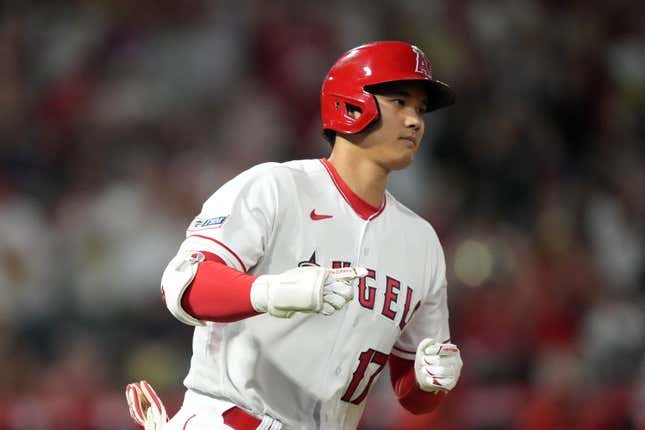 Jun 30, 2023; Anaheim, California, USA; Los Angeles Angels starting pitcher Shohei Ohtani (17) rounds the bases after hitting a home run in the sixth inning against the Arizona Diamondbacks at Angel Stadium.