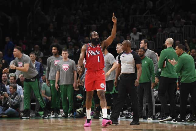 May 1, 2023; Boston, Massachusetts, USA; Philadelphia 76ers guard James Harden (1) reacts after a basket in the second half during game one of the 2023 NBA playoffs against the Boston Celtics at TD Garden.