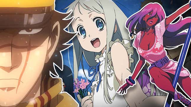 An anime collage featuring Golden Kamuy's Saichi Sugimoto, Anohana's Menma, and Michiko & Hatchin's Michiko. 