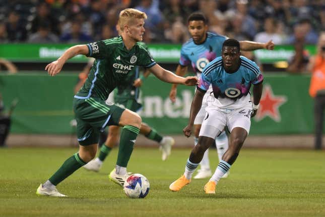 Aug 20, 2023; New Rochelle, New York, USA; New York City FC forward Andres Jasson (21) controls the ball during the first half at City Field.