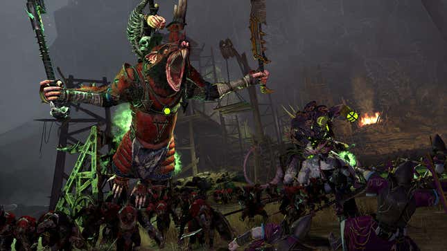 A giant rat screams at an army of smaller rats in Total War Warhammer 2