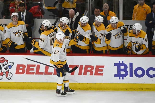Mar 4, 2023; Chicago, Illinois, USA; Nashville Predators defenseman Tyson Barrie (22) celebrates after he scores a goal against the Chicago Blackhawks during the second period at the United Center.
