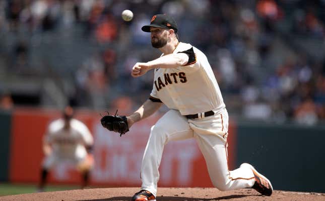 May 31, 2023; San Francisco, California, USA; San Francisco Giants starting pitcher Alex Wood (57) delivers a pitch against the Pittsburgh Pirates during the first inning at Oracle Park.