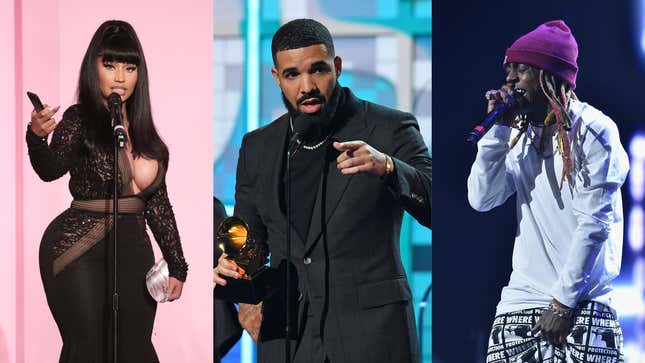 Nicki Minaj accepts the Gamechanger Award during Billboard Women In Music on December 12, 2019; Drake accepts the award for Best Rap Song for “Gods Plan” during the Grammy Awards on February 10, 2019; Lil Wayne performs during the 4th Annual TIDAL X: Brooklyn on October 23, 2018.