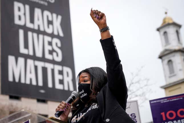 WASHINGTON, DC - MARCH 12: Rep. Cori Bush (D-MO) speaks at the National Council for Incarcerated Women and Girls "100 Women for 100 Women" rally at Black Lives Matter Plaza on March 12, 2021 i