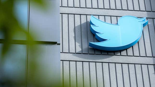 The Twitter logo is seen on a sign on the exterior of Twitter headquarters in San Francisco, California, on October 28, 2022.