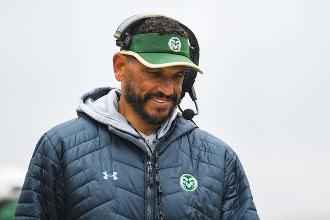 Colorado State head coach Jay Norvell roams the sideline during the green and gold spring game on Saturday, April 22, 2023, at Canvas Stadium in Fort Collins.