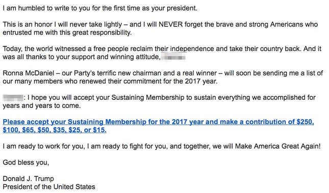 Trump’s first email as president.