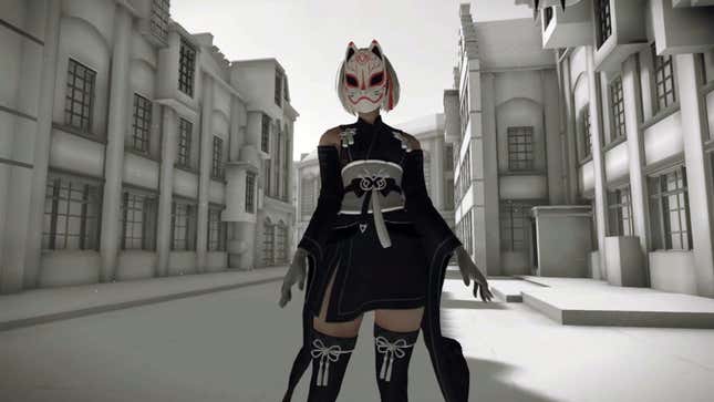 A Nier: Automata The End of YoRHa Edition for Nintendo Switch screenshot showing protagonist 2B in a kitsune fox mask and what appears to be a short blue furisode or kimono.