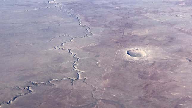A massive, 50,000-year-old meteorite crater as seen from the air.