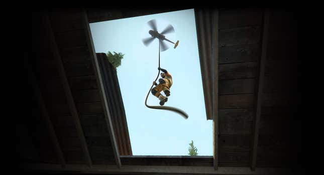 A character in CSGO slides down a rope from a helicopter.