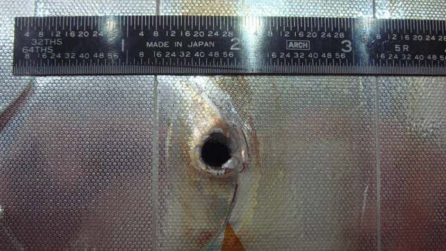 Endeavour had a major impact on its radiator during STS-118. The entry hole is about 1⁄4 inch, and the exit hole is twice as large.