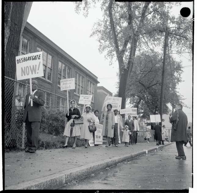 General view of picketers at Lincoln Elementary School in Englewood, New Jersey.