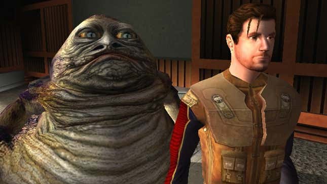 A screenshot from Knights of the Old Republic shows a Hutt and a human.