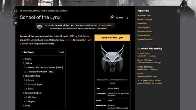 A screenshot shows the table of contents for the School of the Lynx fanon wiki entry.