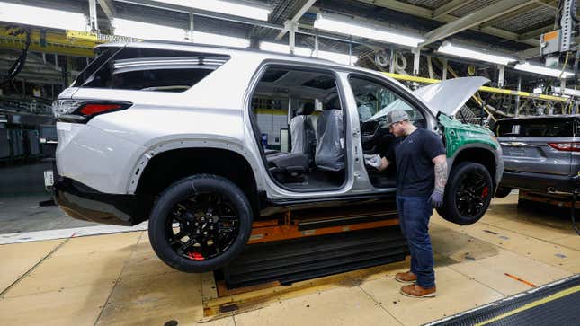 LANSING, MI - FEBRUARY 21: A General Motors worker is shown on the assembly line at the General Motors Lansing Delta Township Assembly Plant on February 21, 2020 in Lansing, Michigan. The plant, which employs over 2,500 workers, is home to the Chevrolet Traverse and Buick Enclave. Today at the plant the three millionth vehicle made at the plant, a Chevrolet Traverse Redline Edition rolled off the line. (Photo by Bill Pugliano/Getty Images)
