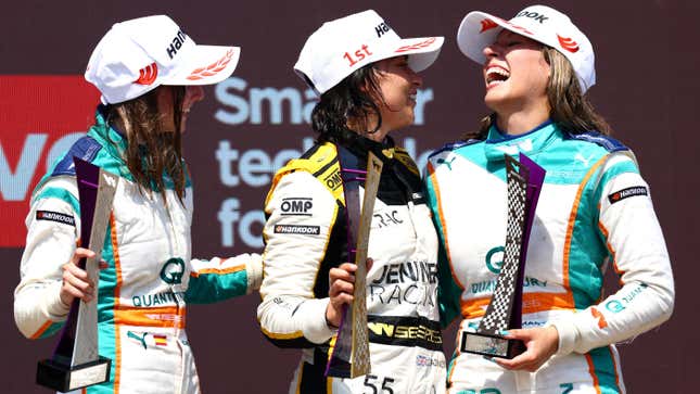 From left to right: Belen Garcia, Jamie Chadwick, and Nerea Marti on podium during the W Series race at Circuit Paul Ricard, 2022.