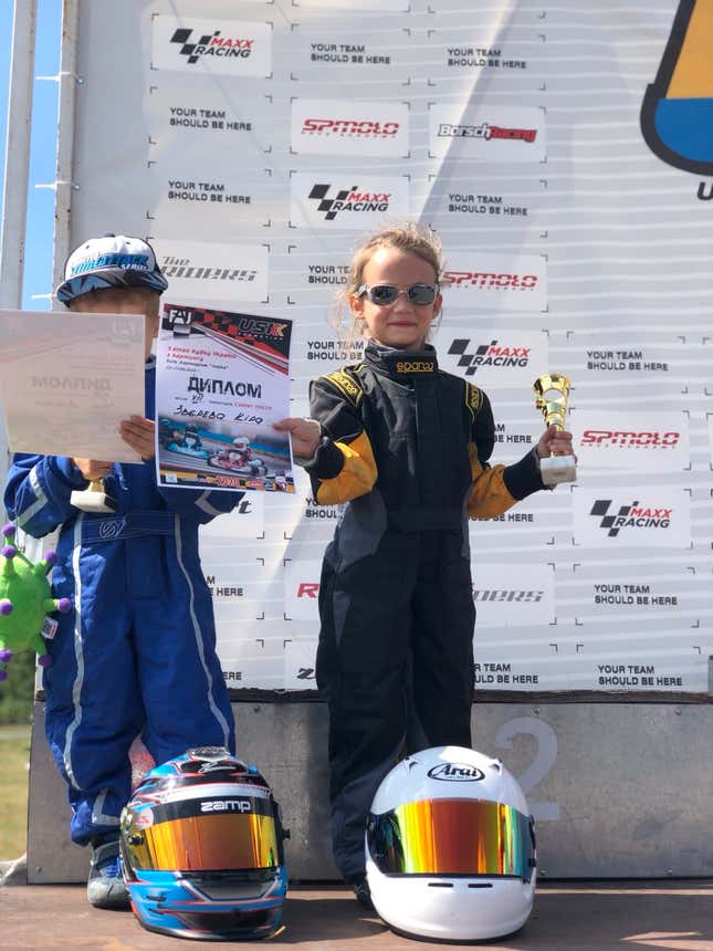Kira after taking seventh place in her very first kart race in 2020.