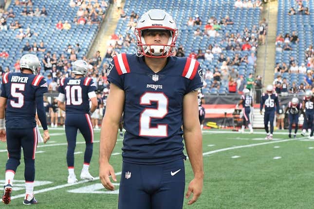 Aug 11, 2022; Foxborough, Massachusetts, USA; New England Patriots place kicker Tristan Vizcaino (2) warms up before a preseason game against the New York Giants at Gillette Stadium.