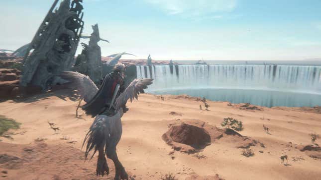 Clive rides a chocobo in a fantasy desert setting.